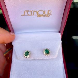 Green Emerald and Diamond Studs Earrings 14k Yellow gold